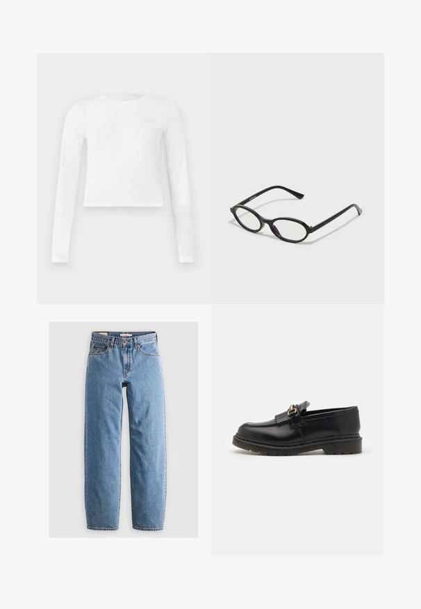 Siv krožnik pulover z dolgimi rokavi, ki ima teksturirano tkanino, biserne gumbe in zavezane detajle na zapestjih. Uporablja se z modrimi kavbojkami.; Bela dolga majica s kratkimi rokavi in izrezom za vrat s subtilnim embosiranim logotipom na levem prsnem delu in oprijetimi rokavi.; Svijetloplave traperice s ravnim nogavicama, pet džepova, zatvaranjem na patentni zatvarač i suptilnom izblijedjelom teksturom. Klasičan stil s minimalno hardvera.; Črne usnjene loafer čevlje z zaobljenim nosom, dekorativno resico in zlatimi okrasnimi elementi. Debel gumijast podplat za dodatno oprijemljivost in vzdržljivost.; Črne ovalne okvirne očala z prosojnimi vijoličnimi detajli na lečah. Okviri imajo mat zaključek in vitke, ravne nogice.; Črna usnjen torbica z motorno površino, zlato kovinsko opremo in dvema zaobljenima ročajema. Ima varno zapiranje in minimalistično blagovno znamko.