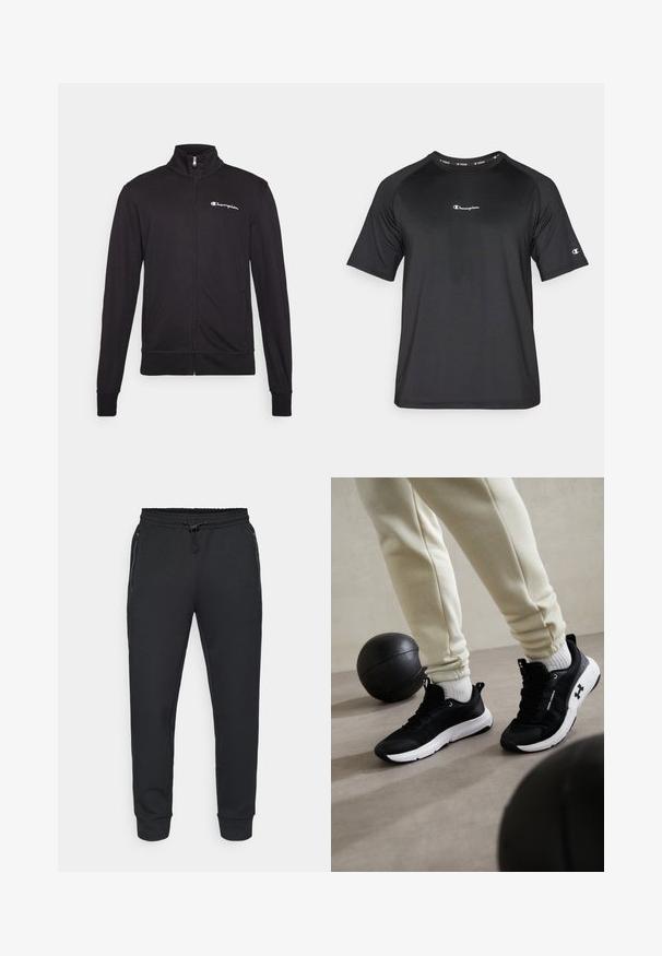 Schwarze Zip-Jacke mit hohem Kragen, aus weichem Stoff. Verfügt über das "Champion"-Logo auf der linken Brust und elastische Bündchen.; Champion TRAINING CREWNECK - Sport T-Shirt - black; Schwarze sportliche Jogginghosen mit einem elastischen Bund und Kordelzug, seitlichen Reißverschlusstaschen und gerippten Bündchen. Hergestellt aus einem weichen, strukturierten Stoff.; Schwarze Sportschuhe mit weißer Sohle, ausgestattet mit einem texturierten Obermaterial und Schnürsystem. Begleitet von creamfarbener Jogginghose und einem schwarzen Basketball.