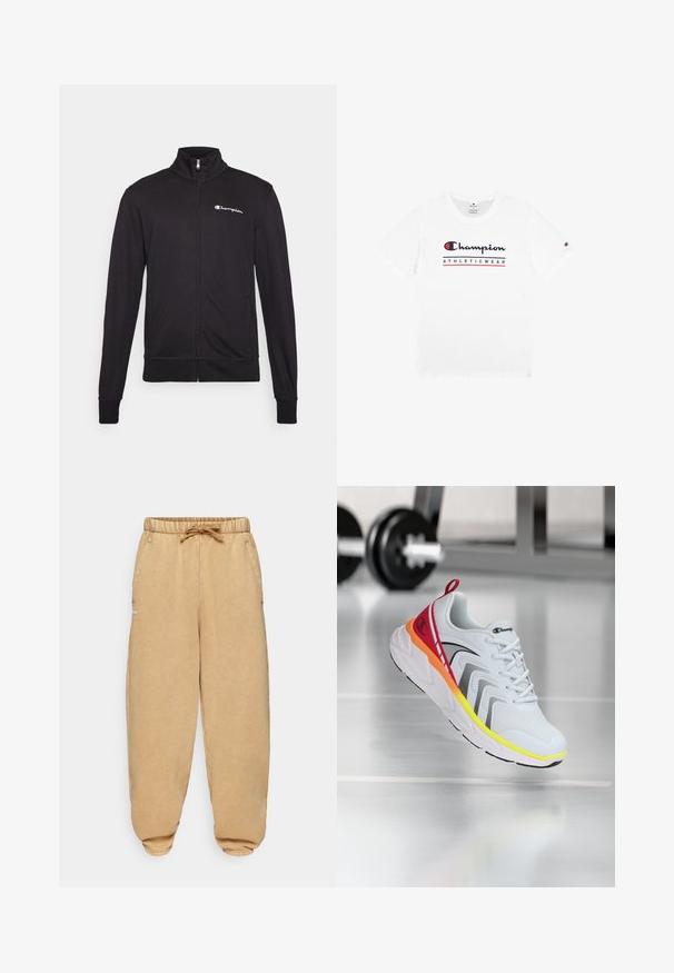 Schwarze Zip-Jacke mit hohem Kragen, aus weichem Stoff. Verfügt über das "Champion"-Logo auf der linken Brust und elastische Bündchen.; Ein weißes Baumwoll-T-Shirt mit rundem Halsausschnitt, kurzen Ärmeln und dem "Champion ATHLETICWEAR"-Logo in Schwarz und Rot über der Brust.; Beige Jogginghosen aus weichem Material, mit einem elastischen Bund und Kordelzug, seitlichen Taschen und schmal zulaufenden Bündchen.; Weiße Sportschuhe mit einem Obermaterial aus Mesh, bunten Akzenten in Rot, Orange und Gelb, mit einer strukturierten Sohle und schwarzen Details.