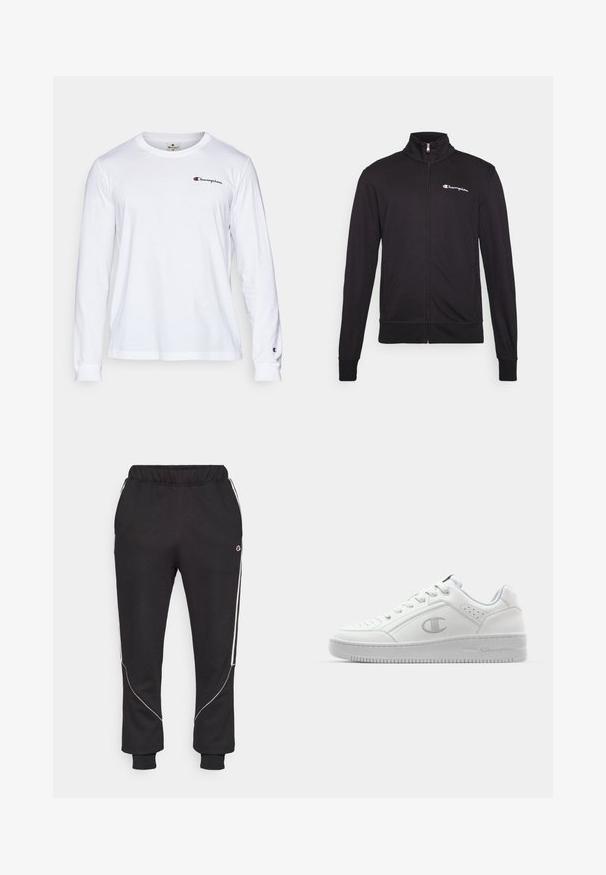 Schwarze Zip-Jacke mit hohem Kragen, aus weichem Stoff. Verfügt über das "Champion"-Logo auf der linken Brust und elastische Bündchen.; Weißes langärmliges T-Shirt aus Baumwolle mit Rundhalsausschnitt und kleinem roten und blauen "Champion"-Logo auf der Brust und am Ärmelbund.; Schwarze Sweatpants mit lockerem Schnitt, elastischem Bund, weißen Seitenstreifen und gerippten Bündchen. Hergestellt aus einem weichen, dehnbaren Stoff.; Weiße Leder-Sneaker mit glatter Textur, runder Zehenpartie, perforierten Details und einem dezenten Logo an der Seite. Dicke Gummisohle.