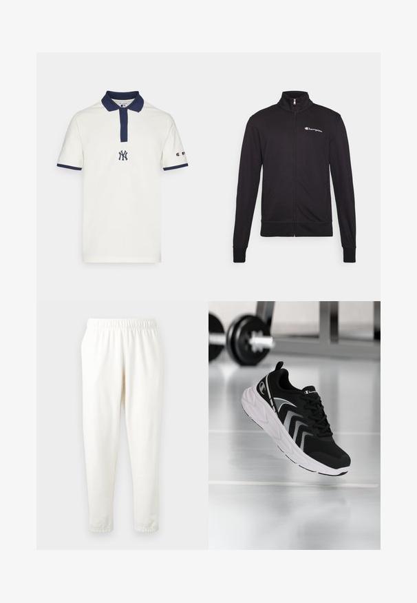 Zwarte zip-up jack met een hoge kraag, gemaakt van zachte stof. Heeft het "Champion" logo op de linkerborst en elastische manchetten.; Crème polo-shirt met een marineblauwe kraag en manchetten, met een geborduurd NY-logo op de borst en een klein Champion-logo op één mouw.; Elastische taille crèmekleurige joggingbroek met taps toelopende pijpen, gemaakt van zacht materiaal. Heeft een gladde textuur en geen zichtbare patronen of accenten.; Zwarte sportschoen met een bovenwerk van gaas, witte accenten en een gestructureerde zool. Voorzien van een gevoerde kraag en tong, met een logo aan de zijkant.