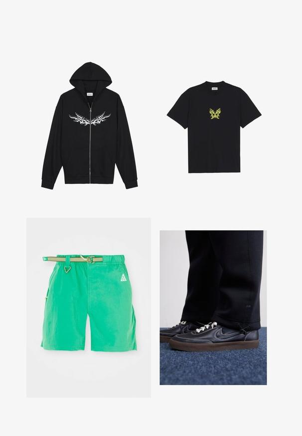 Černá mikina na zip s přední kapsou, kapucí a stříbrným tribal designem na hrudi. Vyrobena z měkké tkaniny s žebrovanými manžetami.; Černé bavlněné tričko s malým grafikou motýla se vzorem žlutých plamenů na hrudi. Kulatý výstřih, krátké rukávy.; Zelené plavky s texturovaným povrchem, vybavené nastavitelným pásem, bočními kapsami a trojúhelníkovým logem na levé přední straně.; Nike Sportswear KILLSHOT 2 LTR PRM OPP2 - Tenisky - black sail baroque brown mtlc dk grey
