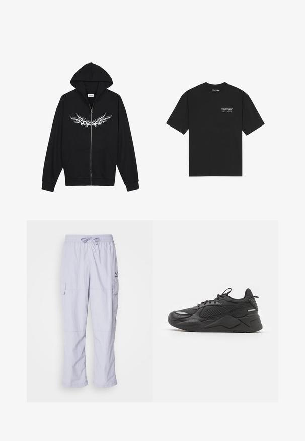 Schwarzer Reißverschluss-Hoodie mit einer vorderen Tasche, Kapuze und silbernem Tribal-Design auf der Brust. Hergestellt aus weichem Stoff mit gerippten Bündchen.; Schwarzes Baumwoll-T-Shirt mit Rundhalsausschnitt, kurzen Ärmeln und einem weißen Drucklogo auf der Brust. Einfaches Design mit lässiger Passform.; Hellblaue Cargo-Hosen mit elastischem Bund, Kordelzug und Seitentaschen. Der Stoff wirkt glatt, die Passform ist locker und die Beine sind gerade geschnitten.; Schwarzer Sneaker mit einer strukturierten Oberseite, bestehend aus Mesh und synthetischen Materialien, einer dicken Sohle und reflektierenden Akzenten für Sichtbarkeit.