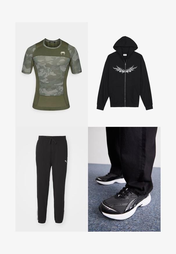 Sudadera negra con cremallera y bolsillo frontal, capucha y diseño tribal plateado en el pecho. Fabricada con un tejido suave y con puños acanalados.; Venum AIR RASHGUARDS - Camiseta estampada - khaki; Pantalones deportivos negros hechos de tela suave, con una cinturilla elástica y cordón, ajuste slim y rayas blancas a los lados. Logo impreso en la cadera.; Zapatillas deportivas negras con tejido de malla, suela blanca y acentos negros. La suela tiene un diseño texturizado. Usadas con pantalones negros sobre una superficie de moqueta azul.