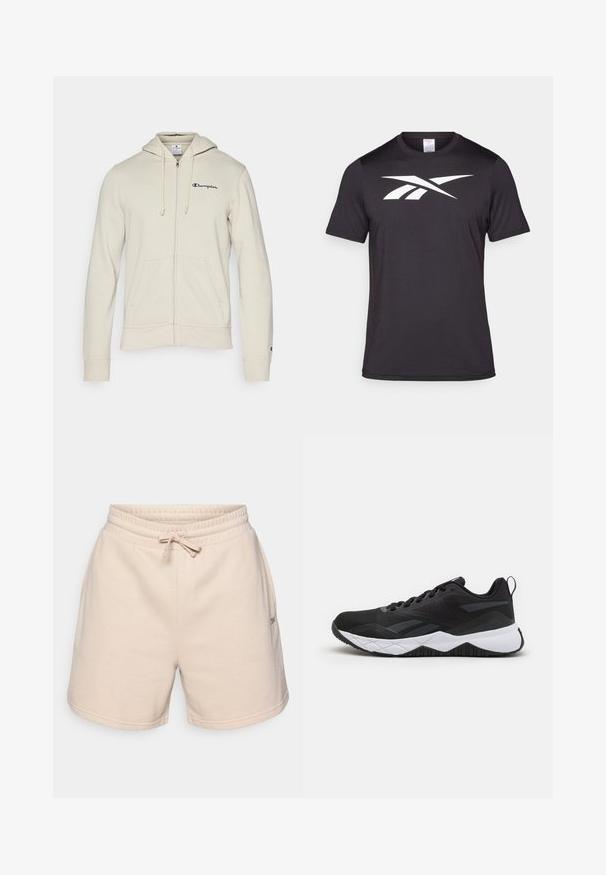 Champion ICONS CONTRAST - Mikina so zipsom - beige; Čierne športové tričko vyrobené z ľahkého materiálu, s výraznou bielou logovou grafikou vpredu. Krátke rukávy a okrúhly výstrih.; Béžové bavlnené kraťasy s elastickým pásom, nastaviteľnou šnúrkou a dvoma bočnými vreckami. Obsahujú aj malé logo na boku.; Reebok NFX - Tréningová obuv - black/cold grey