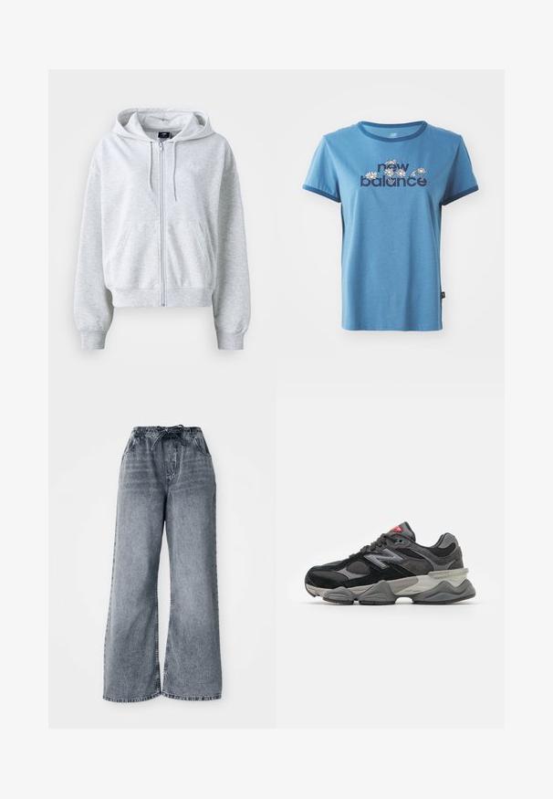 Hanorac gri deschis cu fermoar în față, glugă și două buzunare frontale. Are manșete și tiv ribbate, precum și un logo subtil pe piept.; Tricou din bumbac albastru cu mâneci scurte, margine bleumarin, având textul "new balance" și desene florale în alb și galben pe față.; Pantaloni din denim gri, cu croi evazat, talie elastică, închidere cu șnur și buzunare laterale. Textură decolorată pe întreaga țesătură.; Adidași negri și gri cu un amestec de material din suede și plasă, talpă groasă, logo proeminent și accente roșii pe limbă.