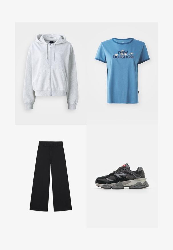Hanorac gri deschis cu fermoar în față, glugă și două buzunare frontale. Are manșete și tiv ribbate, precum și un logo subtil pe piept.; Tricou din bumbac albastru cu mâneci scurte, margine bleumarin, având textul "new balance" și desene florale în alb și galben pe față.; Pantaloni negri, cu picioare largi, dintr-un material moale, țesut. Au pliseuri presate, bucle pentru curea și un finisaj curat, croit.; Adidași negri și gri cu un amestec de material din suede și plasă, talpă groasă, logo proeminent și accente roșii pe limbă.