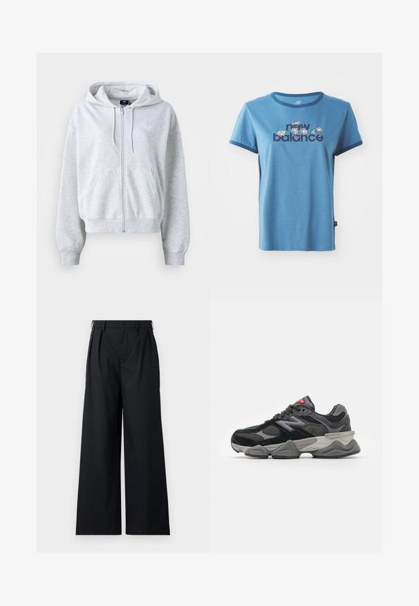 Lys grå hettegenser med glidelås foran, hette og to frontlommer. Har ribbestrikkede mansjetter og kant, samt en subtil logo på brystet.; Blå bomull T-skjorte med kort erme, marineblå kant, med "new balance" tekst og blomsterdesign i hvitt og gult på forsiden.; Sorte vide leg bukser laget av et glatt stoff, med knappelukking og legg for ekstra struktur. Enkel, minimalistisk design.; Svarte og grå joggesko med en blanding av semsket skinn og mesh-materialer, tykk såle, fremtredende logo, og rød detalj på tungen.
