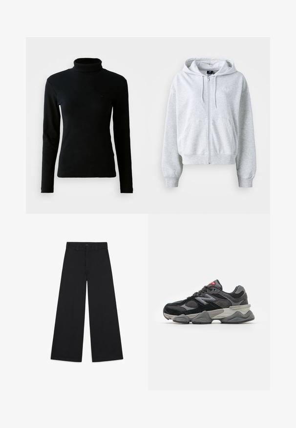 Light gray sweatshirt with a zip front, hood, and two front pockets. Features ribbed cuffs and hem, and subtle logo on the chest.; Black ribbed long-sleeve turtleneck sweater with fitted silhouette against a plain white background.; Wide-leg black pants made of a soft, woven fabric. Features pressed creases, belt loops, and a clean, tailored finish.; Black and gray sneaker with a mix of suede and mesh materials, thick sole, prominent logo, and red accent on the tongue.