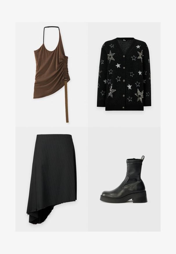Cardigan noir avec un col en V, orné d'étoiles argentées et une finition texturée. Cinq boutons sur le devant ; poignets et ourlet côtelés.; Haut marron sans manches au design drapé, un côté froncé avec une sangle texturée et un détail de boucle adjustable. Finition en tissu lisse.; Jupe noire à rayures avec un ourlet asymétrique, présentant des bords bruts. Fabriquée en tissu léger avec une texture lisse.; Bottines en cuir noir à bout arrondi, avec fermeture éclair sur le côté, petit talon carré et coutures soignées. Surface texturée avec une finition lisse.