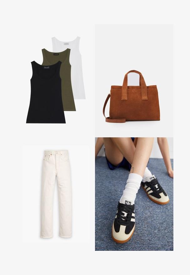 Lichtblauwe gebreide cardigan met een ronde halslijn, vijf knopen en een gestructureerd patroon met meerkleurige spikkels. Geribbelde manchetten en zoom.; Drie tanktops in zwart, olijfgroen en wit. Zacht stof met een ronde hals, met een eenvoudig ontwerp en zonder versieringen.; Witte denim jeans met een recht gesneden ontwerp, vijf zakken en koperen hardware accenten. Afgeronde zoom aan de enkels.; Zwart-witte sportschoenen met een bovenwerk van suede en leer, voorzien van drie witte strepen en een gumrubberen zool. Paar gedragen met witte sokken.; Bruine suede handtas met twee bovenhandvatten en een verstelbare schouderriem. Heeft een gestructureerde vorm en een minimalistisch ontwerp.