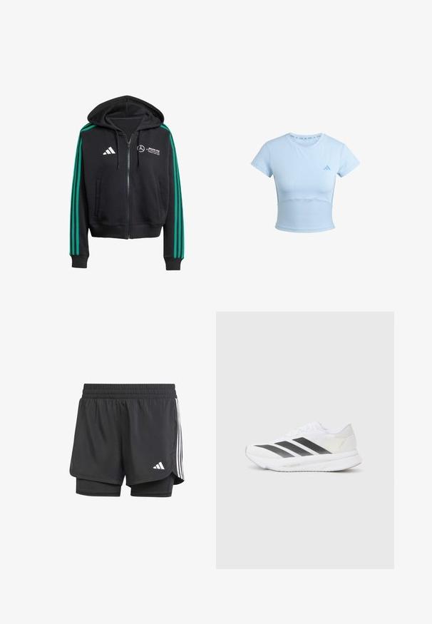 Schwarze Zip-Hoodie mit grünen Streifen an den Ärmeln, mit Vorderaschen und verstellbarem Kapuzen. Mit weißem Logo und Branding auf der Brust.; Hellblauses, kurzärmeliges Sports T-Shirt mit cropped Schnitt, geripptem Unterteil und dezentem Logo auf der Brust. Glatte Textur, figurbetontes Design.; Schwarze Sportshorts mit innerer Schicht, elastischem Bund und drei weißen Streifen an den Seiten, mit einem kleinen weißen Logo. Glatte Textur.; Weißer Sportschuh mit schwarzen diagonalen Streifen, Mesh-Obermaterial, abgerundetem Zehenbereich und strukturiertem Profil. Akzente sind ein silberner Heel und ein minimalistisches Design.