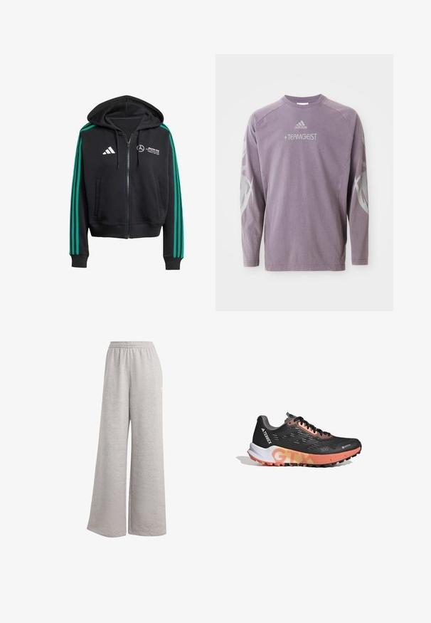 Sweat à capuche noir avec des rayures vertes sur les manches, poches avant et capuche réglable. Présente un logo blanc et une marque sur la poitrine.; Sweatshirt violet à manches longues en coton, avec un col rond, imprimé "TEAMGEIST" et graphiques abstraits gris sur les manches. Logo Adidas présent.; Pantalon de survêtement gris clair avec une coupe ample, une taille élastique et une texture douce. Présente un logo discret sur un côté. Design décontracté.; Chaussure de course noire avec tige en Gore-Tex, accents roses, semelle extérieure texturée et branding distinctif. Conception légère pour des performances en plein air.