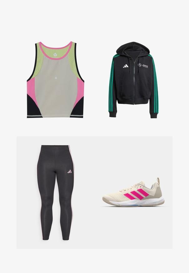 Schwarze Zip-Hoodie mit grünen Streifen an den Ärmeln, mit Vorderaschen und verstellbarem Kapuzen. Mit weißem Logo und Branding auf der Brust.; Bunter Sport-BH mit einem hellgrauen Körper, pinken, schwarzen und grünen Akzenten sowie einem runden Ausschnitt mit perforierten Details.; Schwarze Leggings aus glattem, dehnbarem Material mit rosa Seitestreifen und einem kleinen rosa Logo am linken Oberschenkel. Enganliegendes Design.; Beige Sportsschuh mit pinkem Dreistreifen-Logo, strukturiertem Mesh-Obermaterial, gepolstertem Schaft und weißer Gummisohle, mit "LIGHTSTRIKE"-Branding.