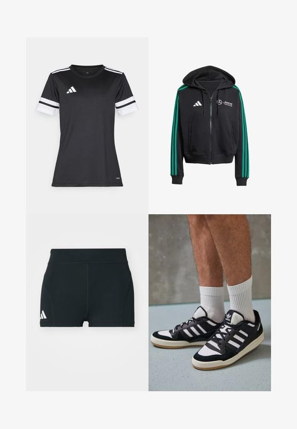 Mustat vetoketjulliset hupparit, joissa on vihreät raidat hihoissa, etutaskut ja säädettävä huppu. Rinnassa valkoinen logo ja brändäys.; Musta urheilupaita, jossa on valkoisia yksityiskohtia ja kolme vaakasuoraa raitaa hihoissa. Valmistettu kosteutta siirtävästä kankaasta, suunniteltu urheilukäyttöön.; Mustat urheilushortsit, jotka on valmistettu joustavasta kankaasta. Niissä on korkea vyötärö, tiivis muoto ja valkoinen Adidas-logo vasemmalla puolella.; Valkoiset ja mustat tennarit, joissa on mokkanahka- ja nahkapäällinen, kolme valkoista raitaa, rei'itetty kärki ja kumipohja.