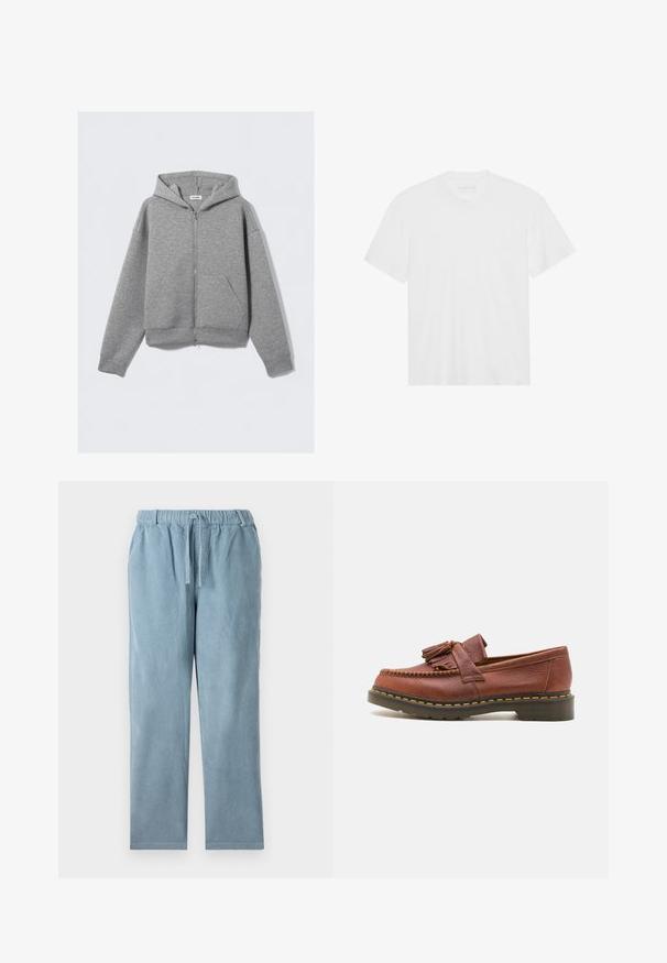 Pelēks izolētā kapuce ar priekšējo rāvējslēdzēju, lielām kanguru kabatām, garām piedurknēm un kapuci ar auklu mīkstā, teksturētā materiālā.; Balta kokvilnas t-kreklā ar īsām piedurknēm, apaļu kakla izgriezumu un taisnu apakšmalu. Gluda tekstūra, minimālistisks dizains bez rakstiem vai akcentiem.; Gaiši zilo korduroja bikses ar elastīgu jostu, aukliņu, taisnu kāju formu un ribotu tekstūru. Nav redzamu kabatu.; Brūnas ādas mokasīni ar pušķu akcentiem, strukturēta virsma un kontrastējošs dzeltenais diegs melnajā gumijas zole. Sānu skats.