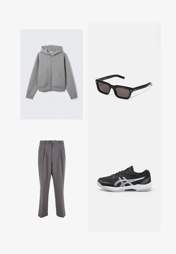 Grauer Reißverschluss-Hoodie mit Frontreißverschluss, großen Kängurutaschen, langen Ärmeln und einer Kapuze mit Kordelzug aus weich strukturiertem Material.; Weißes Baumwoll-T-Shirt mit kurzen Ärmeln, Rundhalsausschnitt und lockerer Passform. Glatte Textur, keine Muster oder Grafiken, minimale Markenkennzeichnung am Etikett.; Graue, plissierte Hose aus glattem Stoff, mit geradem Schnitt, einem Knopfverschluss und Gürtelschlaufen. Minimalistisches Design.; Schwarzer Sportschuh mit einem Obermaterial aus Mesh, reflektierendem silbernen Logo, Gummisohle und weißen Akzenten. Verfügt über einen gepolsterten Schaft und ein strapazierfähiges Design.; Schwarze rechteckige Sonnenbrille mit dunklen Gläsern, dickem Kunststoffrahmen, goldenen Akzenten an den Bügeln und eingraviertem Markenlogo am Arm.