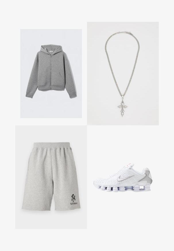 Grå zip-up hoodie med frontzipper, store kangaroo-lommer, lange ærmer og en hætte med snore i blødt, tekstureret materiale.; Hvid bomulds T-shirt med korte ærmer, rund hals og afslappet pasform. Glat tekstur, ingen mønstre eller grafik, minimal branding på mærket.; Grå bomuldsshorts med elastisk talje, med et sort logo, der står "No Problemo" i nederste venstre hjørne og rå kanter.; Hvid atletisk sko med en struktureret mesh overdel, sølvfarvet Nike-logo, polstret krave og unik gennemsigtig plast sål med fjedre.; Sølv kæde med en stor, udsmykket korsvedhæng med skarpe accenter og en poleret overflade. Kæden er tykkere og flad.