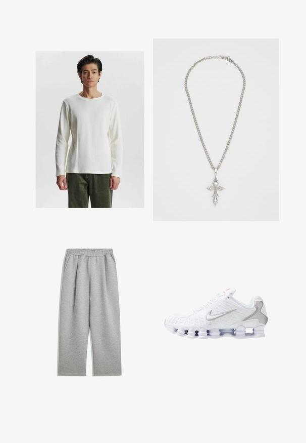 Šedá mikina na zip s předním zipem, velkými klokaními kapsami, dlouhými rukávy a kapucí se stahovací šňůrkou vyrobená z měkkého, strukturovaného materiálu.; Bílý dlouhý rukáv ribbed top s kulatým výstřihem, který má texturovaný vzor a přiléhavé rukávy, spárovaný s olivově zelenými kalhotami.; Světle šedé tepláky s elastickým pasem a bočními kapsami, rovný střih nohavic, vyrobené z měkké tkaniny.; Bílé sportovní boty s texturovaným síťovaným svrškem, stříbrným logem Nike, polstrovaným límcem a unikátní průhlednou plastovou podrážkou se vzpruhami.; Stříbrný řetízkový náhrdelník s velkým, zdobeným křížem s ostrými akcenty a lesklým povrchem. Řetízek je silný a plochý.