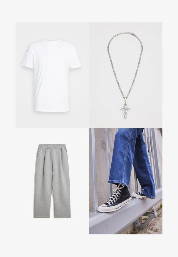 Sivá mikina na zips s predným zipsom, veľkými klokankovými vreckami, dlhými rukávmi a sťahovacou kapucňou z mäkkého, štruktúrovaného materiálu.; Biely bavlnený tričko s klasickým okrúhlym výstrihom, krátkymi rukávmi a hladkou textúrou; bez vzorov a viditeľných log. ; Svetlošedé tepláky s elastickým pásom a bočnými vreckami, s rovnými nohavicami, vyrobené z jemného materiálu.; Čierne vysoké tenisky s bielou podrážkou a šnúrkami, kombinované so voľnými modrými riflami, položené na sivej zábradlí.; Strieborný retiazkový náhrdelník s veľkým, ozdobným príveskom v tvare kríža s ostrými akcentmi a lesklým povrchom. Retiazka je hrubá a plochá.