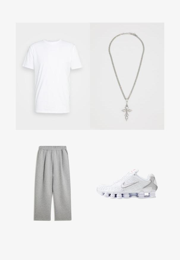 Sivá mikina na zips s predným zipsom, veľkými klokankovými vreckami, dlhými rukávmi a sťahovacou kapucňou z mäkkého, štruktúrovaného materiálu.; Biely bavlnený tričko s klasickým okrúhlym výstrihom, krátkymi rukávmi a hladkou textúrou; bez vzorov a viditeľných log. ; Svetlošedé tepláky s elastickým pásom a bočnými vreckami, s rovnými nohavicami, vyrobené z jemného materiálu.; Biele športové tenisky s textúrovaným sieťovaným zvrškom, strieborným logom Nike, polstrovaním okolo členka a jedinečnou priesvitnou plastovou podrážkou so pružinami.; Strieborný retiazkový náhrdelník s veľkým, ozdobným príveskom v tvare kríža s ostrými akcentmi a lesklým povrchom. Retiazka je hrubá a plochá.