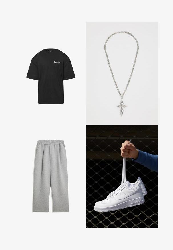 Szara bluza z kapturem z zamkiem z przodu, dużymi kieszeniami kangurzymi, długimi rękawami i kapturkiem ze sznurkiem, wykonana z miękkiego, teksturowanego materiału.; Czarna bawełniana koszulka z okrągłym dekoltem i krótkimi rękawami. Posiada białe napisy "Dropsize" na lewej stronie klatki piersiowej. Prosty i luźny krój.; Jasnoszare spodnie dresowe z elastycznym pasem i bocznymi kieszeniami, prosty krój nogawek, wykonane z miękkiego materiału.; Białe skórzane sneakersy z perforacjami, okrągłym noskiem, płaską podeszwą i grubymi sznurówkami, z widocznym logo swoosh i napisem „AIR” na pięcie.; Srebrny naszyjnik łańcuszkowy z dużym, ozdobnym wisiorem w kształcie krzyża, z ostrymi detalami i polerowanym wykończeniem. Łańcuszek jest gruby i płaski.
