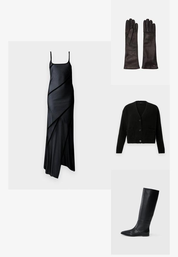 Musta neulottu neuletakki, jossa on pitkät hihat, V-kaula-aukko, resorikuvio ja kaksi etutaskua. Napillinen suljenta ja lyhyt malli.; Musta satiini mekko ohuilla olkaimilla, jossa on vinot paneelit ja valuva helma. Sujuva tekstuuri ja minimalistinen muotoilu.; Mustat nahkaiset polvipituiset saappaat, joissa on terävä kärki ja minimaalinen muotoilu. Sujuva pinta ja tasapohja, joissa on huomaamattomat sivusaumadetailit.; Ree Projects ANN TOTE MINI - Käsilaukku - black; Weekend Max Mara SENAPE - Sormikkaat - nero