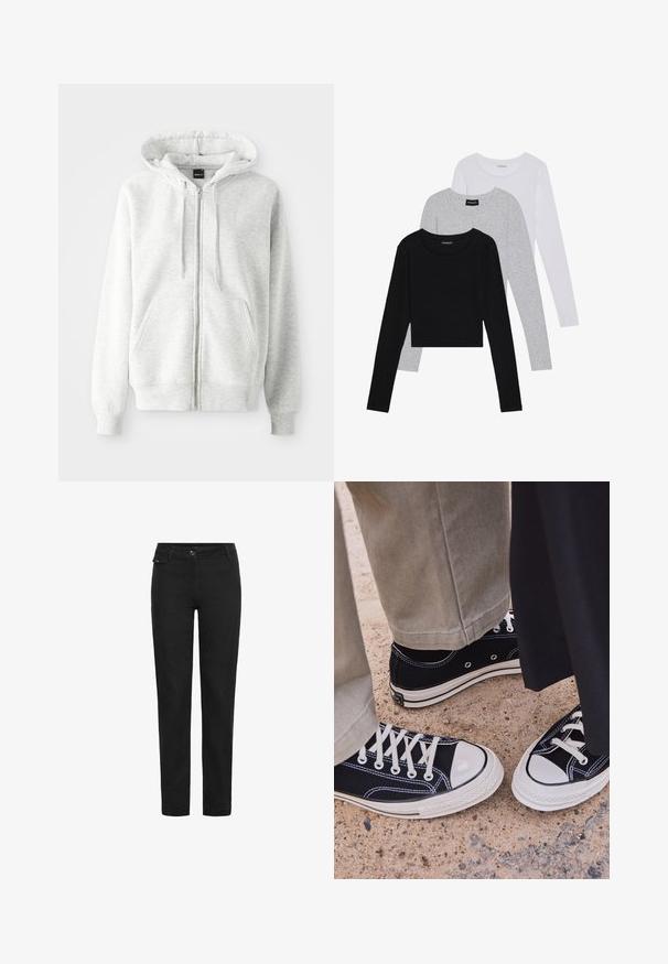 Harmaa vetoketjullinen huppari, joka on valmistettu pehmeästä, teksturoidusta kankaasta. Siinä on nyöritettävä huppu, etutaskut sekä ribbaus hihansuissa ja helmassa.; Kolme pitkähihasta paita päällekkäin: musta, harmaa ja valkoinen. Jokaisessa on pyöreä pääntie ja lyhennetty muotoilu, jossa on sileä ja kevyt kangas.; Mustat suoralahkeiset housut napilla, vyölenkeillä ja pienellä läpällä oikealla puolella vyötärön lähellä.; Mustat kangaskengät valkoisilla kumitossuilla ja nauhoilla. Kontrastiväriset ompeleet ja metalliset silmukat tuovat yksityiskohtia. Yhdistetty vaaleanbeigeihin housuihin ja mustaan kankaaseen.