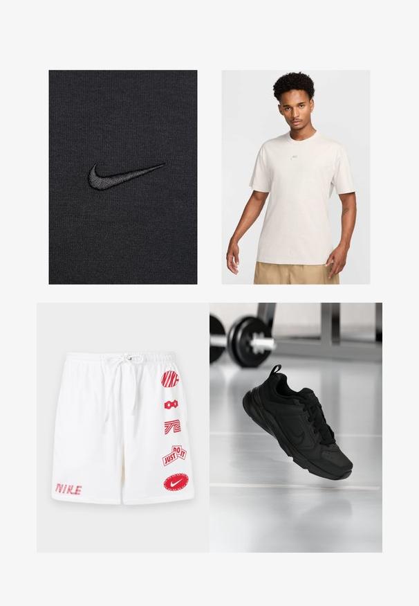 Μαύρος ύφασμα με ραβδωτή υφή φέρει ένα μικρό, κεντημένο λογότυπο Nike swoosh σε πιο σκούρο μαύρο.; Άνδρας με κοντά σγουρά μαλλιά φοράει μπλέιζι Nike και καφέ σορτς, κοιτάζοντας μπροστά σε απλό ανοιχτό φόντο.; Λευκές σορτς με ελαστική μέση και κορδόνι. Διαθέτουν κόκκινες γραφικές λογότυπες και κείμενο που περιλαμβάνει "NIKE" και "JUST DO IT." Μαλακή υφή από μείγμα βαμβακιού.; Μαύρο αθλητικό παπούτσι με λείου δέρματος επάνω μέρος, στρογγυλή μύτη, κορδόνια μπροστά και επενδυμένο κολάρο για άνεση. Παρουσιάζεται σε φόντο γυμναστηρίου.