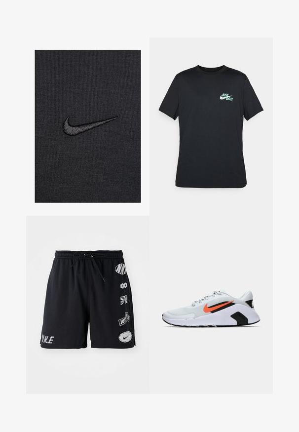 Crni materijal s rebrastom teksturom ima mali, izvezeni Nike swoosh logo u tamnijoj nijansi crne boje.; Crna pamučna majica kratkih rukava s okruglim izrezom, s svijetloplavim natpisom "Just Do It" na gornjem lijevom dijelu prsiju.; Crne kratke hlače s elastičnim pojasom i vezicom. Različiti logotipi i otisci u kontrastnim bojama ukrašavaju desnu stranu.; Bijela atletska cipela s teksturiranim mrežastim gornjim dijelom, s narančastim Nike logotipom, crnim naglascima i podstavljenom potplatom s crnim i bijelim detaljima.