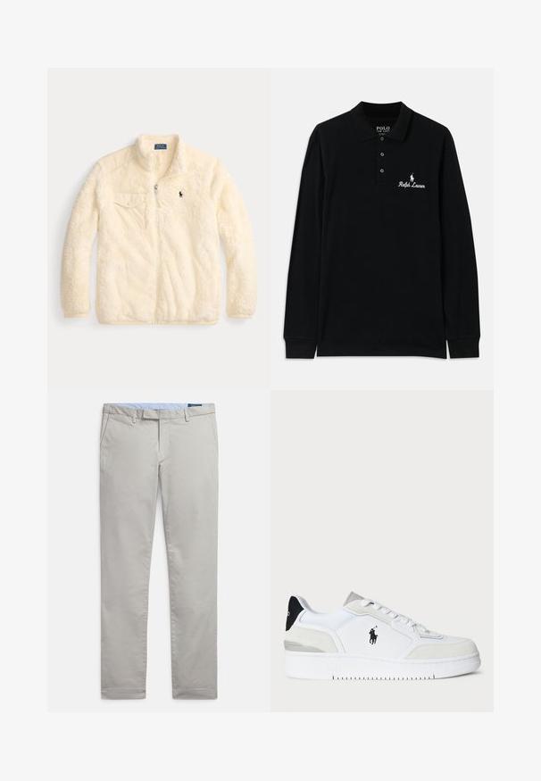 Jakna od kremaste flanelske tkanine sa zatvaračem sprijeda, uspravnim ovratnikom, lijevim džepom na prsima i malim izveznim logotipom na prsima. Mekana i teksturirana tkanina.; Crna dugosleeve polo majica od pamuka, s rebrastim ovratnikom, trodijelnim kopčanjem i bijelim izvezenim "Ralph Lauren" logotipom.; Svijetlosive chinos hlače od glatkog pamučnog materijala, s klasičnim dizajnom, ravnim nogavicama, bočnim džepovima i urednim završetkom na rubovima.; Bijeli tenisice s gornjim dijelom od antilopa i kože, crni naglasak na peti, ravne vezice, logo sa strane i teksturirana potplat.