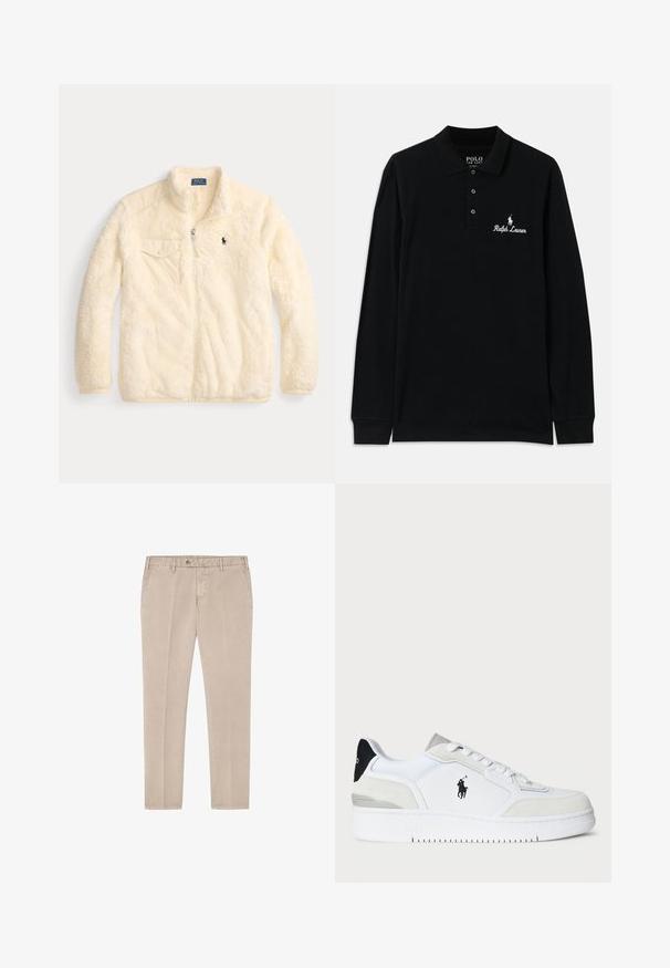 Veste en polaire crème avec fermeture éclair à l'avant, col montant, poche sur la poitrine à gauche et petit logo brodé sur la poitrine. Tissu doux et texturé.; Polo-shirt noir à manches longues en coton, doté d'un col à côtes, d'une patte de boutonnage à trois boutons et d'un logo "Ralph Lauren" brodé en blanc.; Pantalon en coton beige avec une coupe droite, doté d'une fermeture à bouton, de passants de ceinture et de poches obliques à l'avant. Texture lisse, sans motifs.; Sneaker blanche avec supérieurs en cuir suédé et en cuir, accent de talon noir, lacets plats, logo sur le côté et semelle texturée.