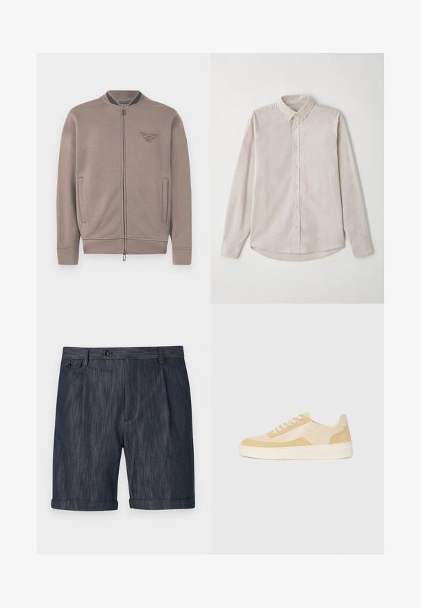 Svetlo hnedá zipsová mikina s ribovaným golierom, bočnými vreckami a embosovaným logom na hrudi. Mäkka tkanina a voľný strih.; Svetlo béžová košeľa s dlhým rukávom vyrobená z mäkkého materiálu. S gombíkovým golierom a centrálnym gombíkovým zapínaním s prehnutým lemom.; Tmavomodré šortky vyrobené z textúrovanej látky, s prehnutým lemom, prednými skladmi a jedným gombíkom na zapínanie v páse.; Tenisky z jemnej žltej semišovej a koženej látky, s polstrovanou podrážkou a prešitými akcentmi. Klasický dizajn na šnurovanie s okrúhlou špičkou.