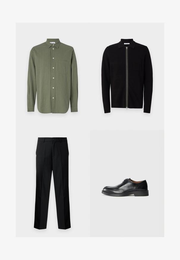 Sweat à zip noir avec col et poche poitrine. Fabriqué en tissu doux et texturé. Dispose d'un zip sur toute la longueur et de manches longues.; Chemise à manches longues en vert olive, en tissu texturé, avec un front à boutons, une poche poitrine unique et un col classique.; Pantalon noir ajusté à coupe droite, comprenant une fermeture à bouton, une braguette zippée et des passants de ceinture. Tissu lisse avec poches latérales.; Chaussure de ville en cuir noir avec un bout arrondi, surface lisse, détails en dentelle et une semelle en caoutchouc texturée basse. Lignes épurées et design minimal.