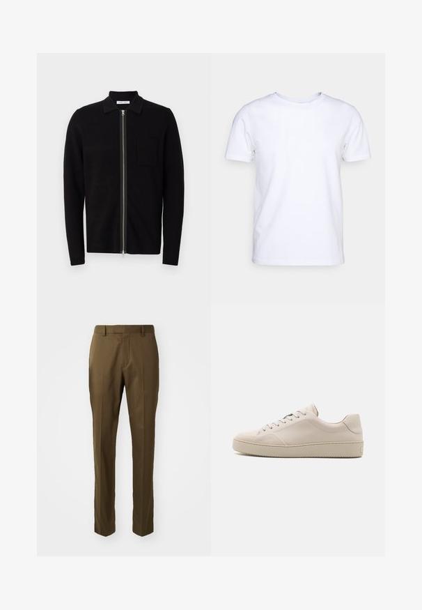 Fekete cipzáros pulóver gallérral és mellzsebbel. Puha, texturált anyagból készült. Teljes hosszúságú cipzárral és hosszú ujjakkal rendelkezik.; Fehér, rövid ujjú felső pamut anyagból, kerek nyakkivágással. Egyszerű dizájn, minta vagy díszítés nélkül. Sima textúra.; Barna, egyenes szabású nadrág, sima anyagból készült, oldalt zsebekkel és a frontrészen gyűrődéssel.; Beige bőr sportcipők sima felülettel, kerek orral, lapos talppal és klasszikus fűzős dizájnnal. Diszkrét varrások és strukturált talp.