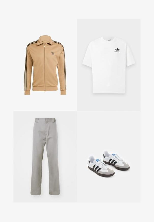 Veste zippée beige avec un col haut, accents noirs à trois bandes sur les manches et un petit logo noir sur la poitrine gauche. Texture de tissu lisse.; T-shirt en coton blanc à manches courtes, avec un logo "BASKETBALL" noir et un design iconique à trois bandes à l'avant.; Pantalons en coton gris avec une coupe droite, présentant un devant plat, des passants de ceinture et une texture lisse.; Baskets avec une tige en cuir blanc, un bout en daim gris et trois bandes noires. Présente un logo bleu sur la languette et une semelle en caoutchouc texturée.