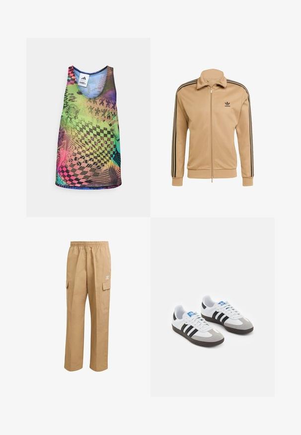 Béžová zipová bunda s vysokým límcem, černé třípruhé akcenty na rukávech a malé černé logo na levé hrudi. Hladký textilní povrch.; Vícebarevný tílko s živými geometrickými vzory, včetně šachovnic a vírů, ve odstínech zelené, růžové, modré a fialové.; Světle hnědé cargo kalhoty s elastickým pasem, dvěma postranními kapsami a malým bílým logem na horní levé stehně. Hladká textura.; Sportovní boty s bílým koženým svrškem, šedou semišovou špičkou a třemi černými pruhy. Obsahují modré logo na jazyku a texturovanou gumovou podrážku.