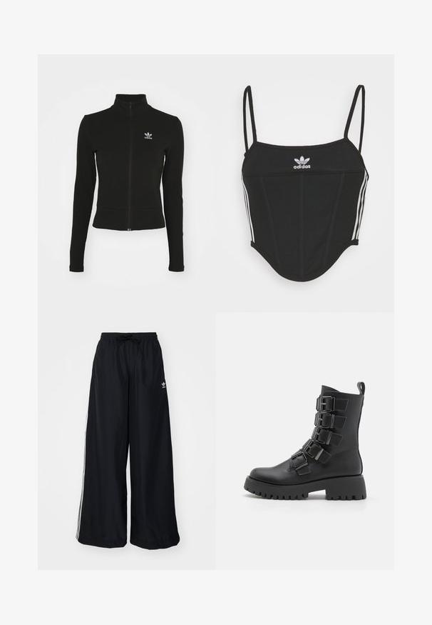 Juodas zip-up džemperis su ilgomis rankovėmis, pagamintas iš tekstūruoto audinio, su mažu mėlynu Adidas logotipu kairiajame krūtinės kampe.; Juodas juostuotas trumpas viršus su reguliuojamomis plonomis petnešomis, puikuojantis trimis baltomis juostelėmis šonuose ir mažuoju balto Adidas logotipu centre.; Juodi plačios kojos keliai, pagaminti iš lengvos medžiagos. Yra elastinė juosmens juosta su raišteliu ir baltomis šoninėmis juostelėmis. Prekės ženklo logotipas ant klubų.; Juodos odinės kulkšninių botai, su keliais metaliniais sagtimis, storu platformos padu ir užtrauktuku gale.