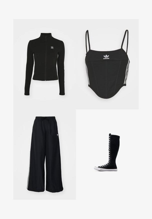 Fekete, cipzáras dzseki hosszú ujjal, texturált anyagból készült, bal mellen egy kis kék Adidas logóval.; Fekete bordás crop top állítható vékony pántokkal, három fehér csíkkal az oldalán és egy kis fehér Adidas logóval a közepén.; Fekete, bő szabású nadrág, könnyű anyagból készült. Rugalmas derékkal, zsinórral és fehér oldalcsíkokkal rendelkezik. Márkalogó a csípőn.; Fekete magasszárú tornacipők, magas kialakítással, vászonból készült. Fehér fűzőkkel, varrással és gumitalppal rendelkezik, melynek elülső része meg van erősítve.