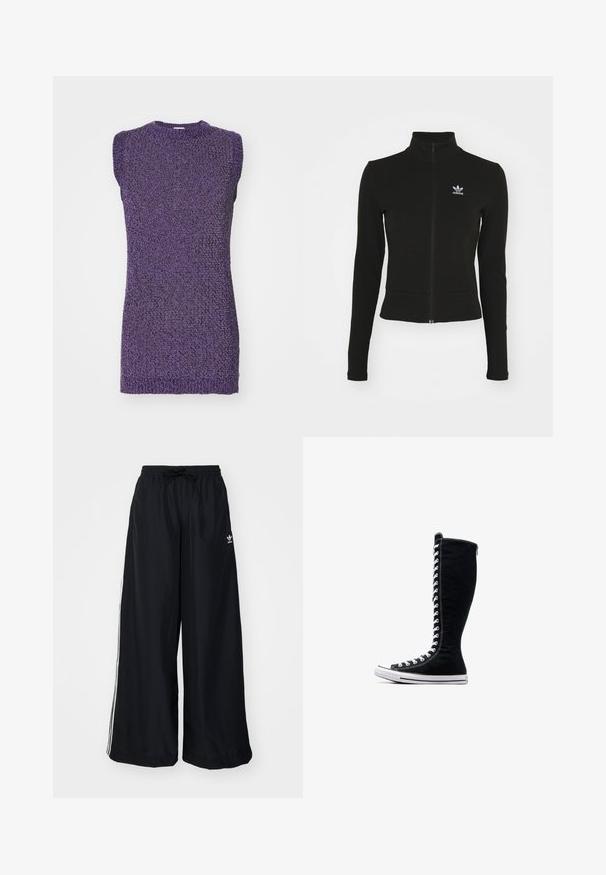 Black zip-up jacket with long sleeves, made of textured material, featuring a small blue Adidas logo on the left chest.; Purple sleeveless sweater with a textured knit pattern and a rounded neckline. The fabric appears soft and slightly elastic.; Black wide-leg pants made from lightweight fabric. Features an elastic waistband with drawstring and white side stripes. Brand logo on hip.; Black high-top sneakers with a tall design, made of canvas. Feature white laces, stitching, and a rubber sole with a toe cap.