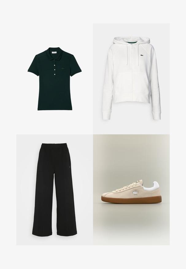 Witte geknipte hoodie van zachte stof met een rits aan de voorkant, twee zakken en een klein groen logo op de linker borst.; Donkergroene polo shirt van katoen. Beschikt over een kraagontwerp, een vierknops tocht en een geborduurd logo op de borst. Korte mouwen.; Zwarte wijde broek met een elastische tailleband. Gemaakt van een zachte, lichte stof. Heeft verticale naden aan de voorkant.; Beige suède sneaker met witte accenten en rubberen zool. Beschikt over een verhoogd logo aan de zijkant en contrasterende beige veters. Klassiek ontwerp.