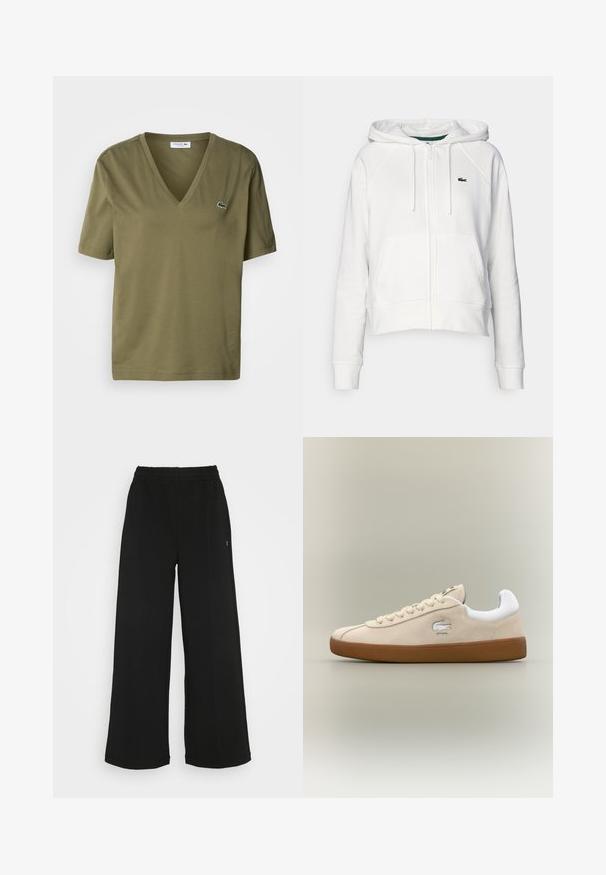 Bílá zkrácená mikina s kapucí vyrobená z jemné tkaniny, se zipem vpředu, dvěma kapsami a malým zeleným logem na levé části hrudi.; Olivově zelené bavlněné tričko s výstřihem do V a krátkými rukávy. Obsahuje malou vyšívanou nášivku krokodýla na levé části hrudi.; Černé široké kalhoty s elastickým pasem. Vyrobené z měkkého, lehkého materiálu. Obsahují vertikální švy na přední straně.; Béžové semišové tenisky s bílými akcenty a gumovou podrážkou. Vybaveny vyvýšeným logem na boku a kontrastními béžovými tkaničkami. Klasický design.