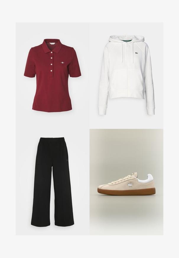 Weißer, verkürzter Hoodie aus weichem Stoff mit einem Frontreißverschluss, zwei Taschen und einem kleinen grünen Logo auf der linken Brust.; GANT SLIM FIT - Poloshirt - plumped red; Schwarze weit geschnittene Hose mit einem elastischen Bund. Hergestellt aus einem weichen, leichten Material. Mit vertikalen Nähten an der Vorderseite.; Beige Wildlederschuh mit weißen Akzenten und Gummisohle. Besitzt ein erhabenes Logo an der Seite und kontrastierende beige Schnürsenkel. Klassisches Design.