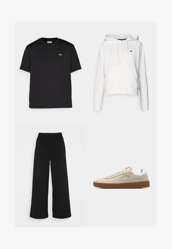Bílá zkrácená mikina s kapucí vyrobená z jemné tkaniny, se zipem vpředu, dvěma kapsami a malým zeleným logem na levé části hrudi.; Černé bavlněné tričko s kulatým výstřihem, krátkými rukávy a malým zeleným vyšitým logem na levé hrudi. Jednoduchý design.; Černé široké kalhoty s elastickým pasem. Vyrobené z měkkého, lehkého materiálu. Obsahují vertikální švy na přední straně.; Beige semišové tenisky s bílou koženou patou a gumovou podrážkou. Obsahují šněrování a krokodýlí logo na boku. Jednoduchý design.