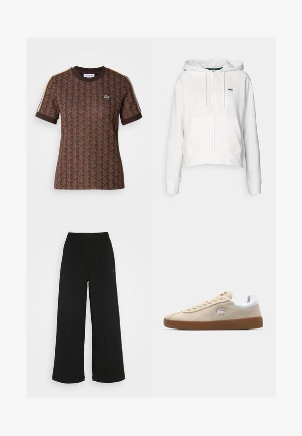 Hvit cropped hettegenser laget av mykt stoff med frontglidelås, to lommer og en liten grønn logo på venstre brystområde.; Brun T-skjorte med kort arm med et geometrisk mønster i mørkere brun, en ribbestrikket rund hals, og kontrasterende skulderstriper. Lacoste-logo er til stede.; Svarte vide bukser med elastisk midjebånd. Laget av et mykt og lett materiale. Har vertikale sømmer langs fronten.; Beige elefantsko med hvit lærhæl og gummisåle. Har snøring og et krokodillelogo på siden. Enkel design.