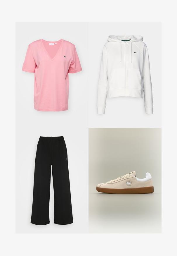 Felpa bianca cropped realizzata in morbido tessuto, con zip frontale, due tasche e un piccolo logo verde sull'area sinistra del petto.; T-shirt di cotone rosa con scollatura a V, maniche corte e un discreto logo Lacoste sul petto. Tessuto morbido e vestibilità rilassata.; Pantaloni neri a gamba larga con vita elasticizzata. Realizzati in un materiale morbido e leggero. Presentano cuciture verticali sul davanti.; Sneaker in suede beige con dettagli bianchi e suola in gomma. Presenta un logo in rilievo sul lato e lacci beige a contrasto. Design classico.