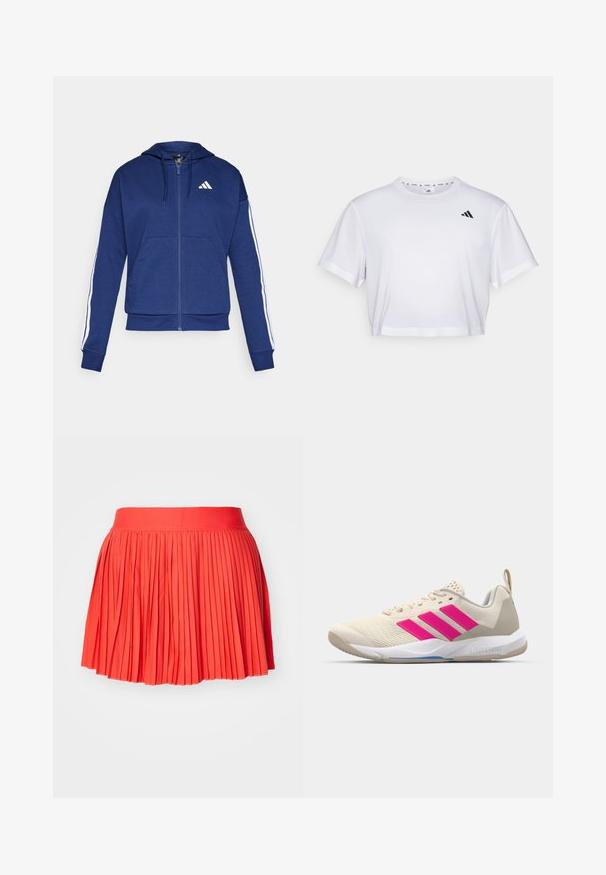 Sötétkék zip-záras kapucnis pulóver, kellemes tapintású anyagból, elülső zsebbel, fehér csíkkal a ujjak mentén és logóval a mellrészen.; Fehér, rövid szabású póló, puha anyagból készült, rövid ujjakkal és kerek nyakkivágással. Fekete logó a bal mellen.; Piros, plisszírozott szoknya széles derékkal, könnyű anyagból készült. Vertikális redők futnak végig a ruhadarabon.; Beige sportcipő rózsaszín háromsávos logóval, texturált hálós felső résszel, párnázott nyakkal és fehér gumitalppal, "LIGHTSTRIKE" márkajelzéssel.
