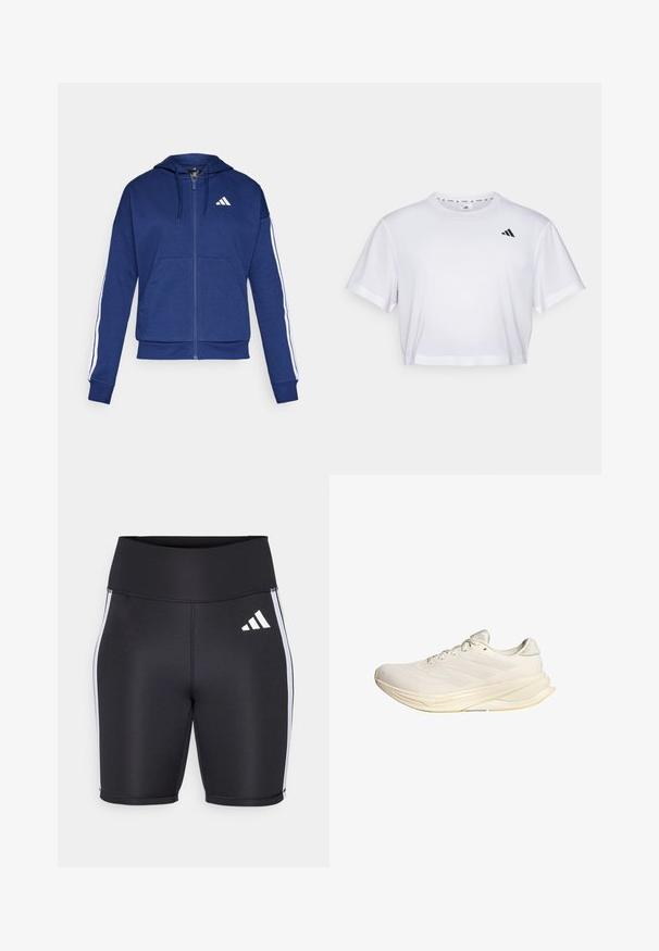 Mornarica zip-up kapuca, izdelana iz mehkega blaga, z obsežnim žepom na sprednji strani, belimi črtami ob rokavih in logotipom na prsih.; Bela skrajšana majica iz mehkega blaga, z kratkimi rokavi in okroglim izrezom. Črn logotip na levem prsou.; Črne atletske hlače s visokim pasom, belimi stranskimi črtami in majhnim belim logotipom. Gladek material s oprijetim dizajnom.; Svetlo bež športni copat z mrežno zgornjico, ravnimi vezalkami in oblazinjenim podplatom. Ima zasnovo s tremi črtami na bočni strani.