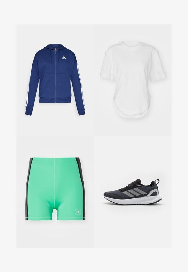 Mornarica zip-up kapuca, izdelana iz mehkega blaga, z obsežnim žepom na sprednji strani, belimi črtami ob rokavih in logotipom na prsih.; Bela bombažna majica s krožnim izrezom, kratkimi rokavi in ukrivljenim robom. Gladka tekstura brez vzorcev ali dodatkov.; Zelene kopalne hlače s črnimi stranskimi akcenti, narejene iz raztegljive tkanine. Imate logotip na spodnjem desnem delu in ravne šive za udobje.; Črne atletske čevlje z mrežastim zgornjim delom, belim srednjim podplatom, teksturiranim gumijastim podplatom in tremi sivimi črtami na strani. Imajo vezalke in zanko za pomoč pri obuvanju.