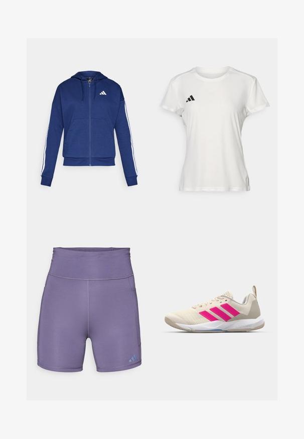 Sweatshirt navy com fecho, feito de tecido macio, com um bolso frontal, riscas brancas nas mangas e um logo no peito.; T-shirt atlético branco feito de tecido que afasta a humidade. Mangas curtas, gola redonda, apresenta um logotipo preto e um emblema de três riscas no lado esquerdo do peito.; Calções atléticos roxos com uma cintura alta, textura suave e um logótipo azul contrastante na parte inferior esquerda. Apresentam costuras planas.; Sapata atlética bege com logotipo de três riscas cor-de-rosa, parte superior em malha texturizada, colarinho acolchoado e sola de borracha branca, apresentando a marca "LIGHTSTRIKE".